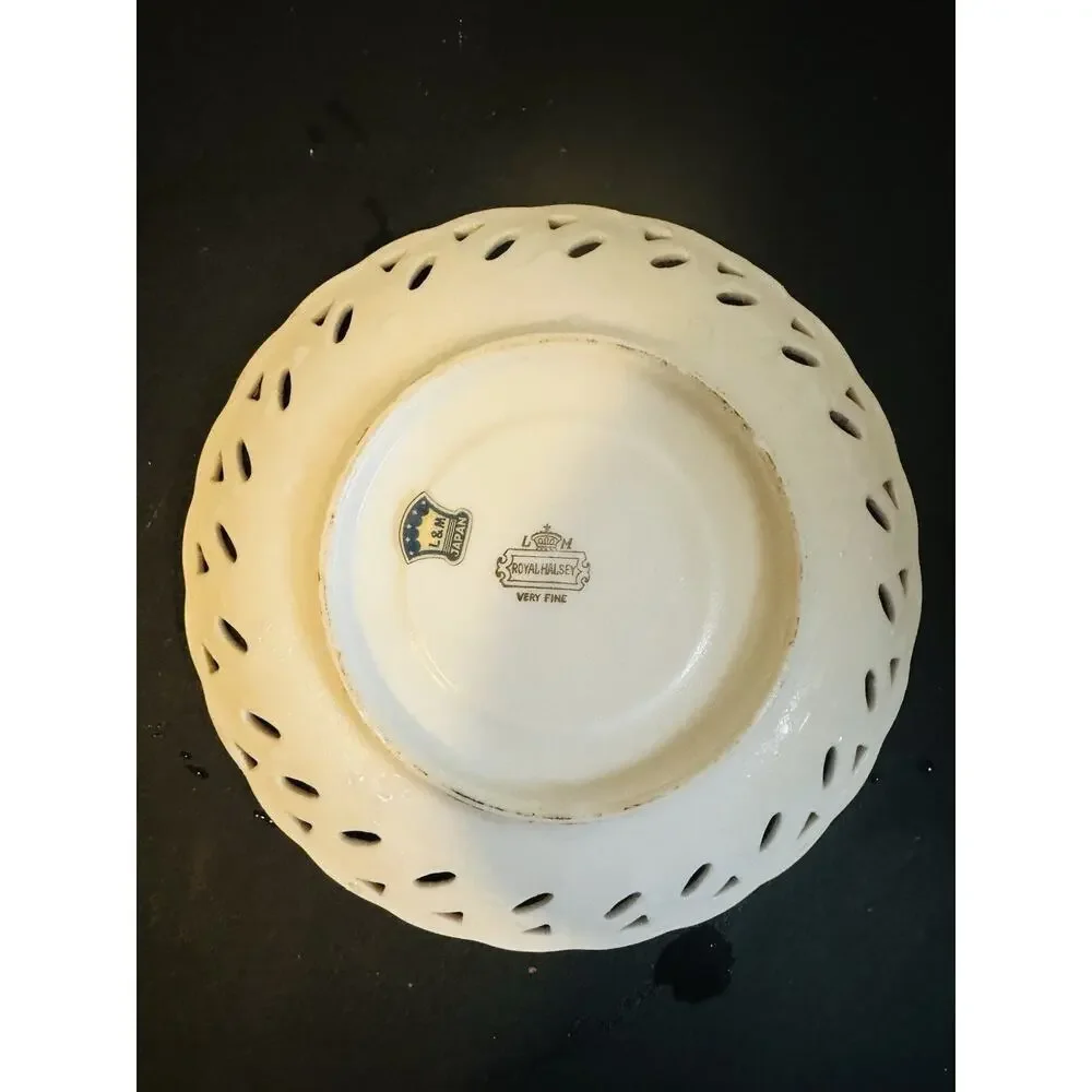 Royal Halsey Porcelain Plate Pierced Rim Floral Pink Flowers Gold Trim Japan